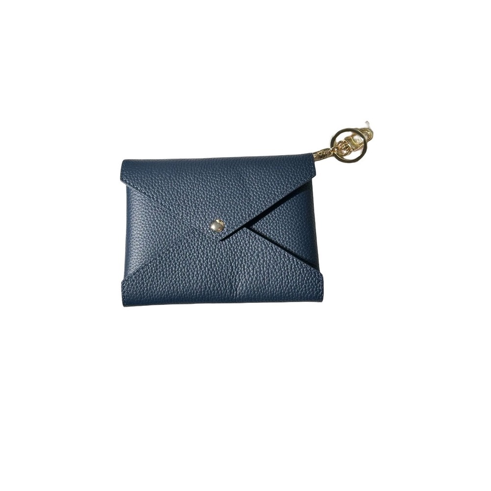 Melodie Cecile Navy Blue Pebbled Leather Envelope Wallet Keychain Fuchsia Lining